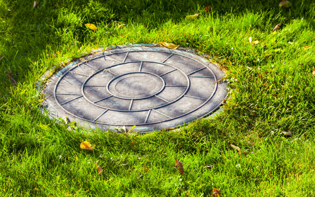 Sewer manhole on a green lawn.